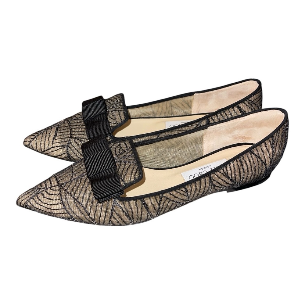 Jimmy Choo Gala Flats Black w/Embroidered Leaves w/mini pailettes. Sz 40.5
